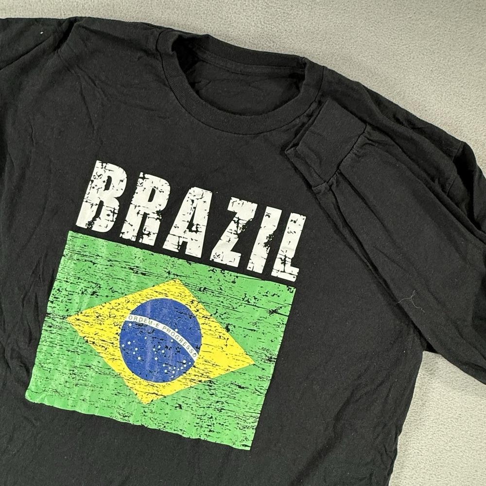 Vintage Brazil Brasil Flag Football Soccer Black Long Sleeve Shirt XL